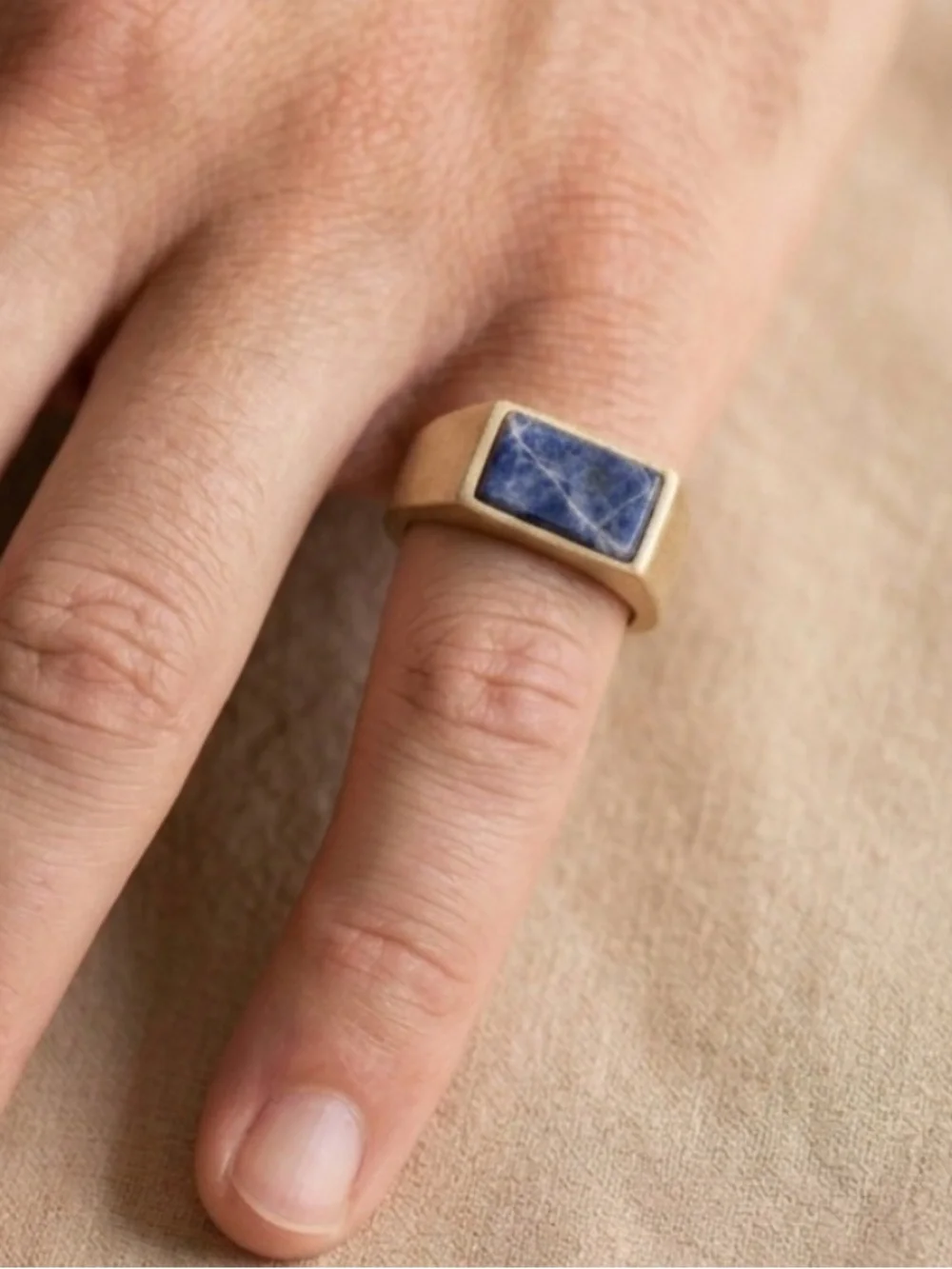 🆕CANVAS: Trendy Gold Tone Rectangular Ring with Blue Stone- Men’s size 5.5 to 6